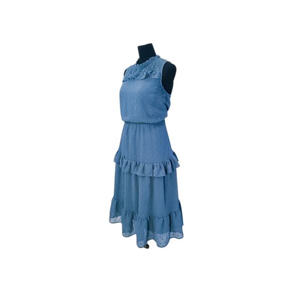 Monteau Los Angeles Blue Swiss Dot Ruffle Midi Dress - L - Picture 3 of 10